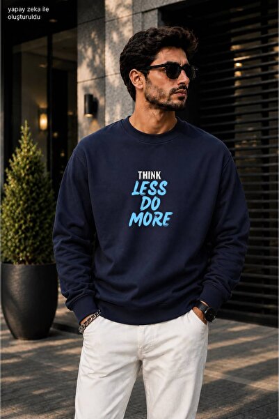 caddekombin Men's Think Less Do More Printed Round Neck Cotton Casual Sweatshirt