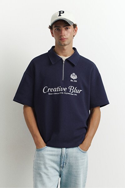 Pull & Bear Grafik baskılı fermuarlı interlok polo t-shirt