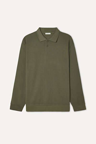 Mudo Men's Khaki Textured Comfort Fit Polo Collar Sweatshirt