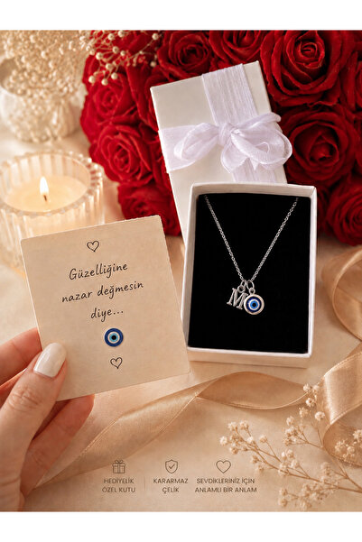 enyessaccessory Kişiye Özel Gümüş Renk Çelik Harfli Nazar Kolye – Kutulu & No...