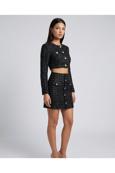 MADE İN ITALY OhMyDress Κομψή Μαύρη Μίνι Φούστα από Τουίντ με Χρυσά Κουμπιά γ...
