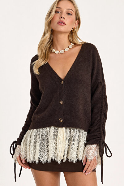 Lusin Women's Bitter Brown Stylish Lace and Ruffle Detailed Soft Knitwear Car...