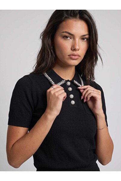 Made in Italia OhMyDress Set tricotat negru pentru femei cu detalii strălucitoare și pantaloni evazați