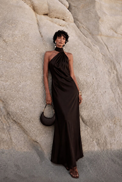 Black Fashion Şal Detay Tek Omuz Kahverengi Maxi Elbise