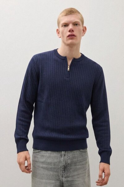 DAMGA JEANS Men's Striped Long Loose Zippered Navy Blue Knitwear Sweater
