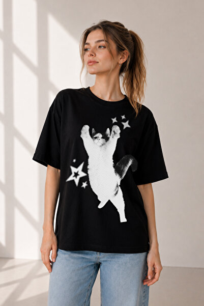 FANA Kadın Kedi Baskılı Pamuklu Tişört Oversize Y2K Vintage Grafik Bisiklet Yaka