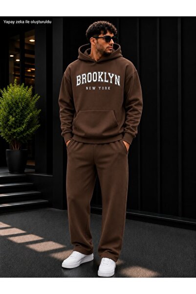 caddekombin Men's Brooklyn New York Printed Black Oversize Hooded Tracksuit Set
