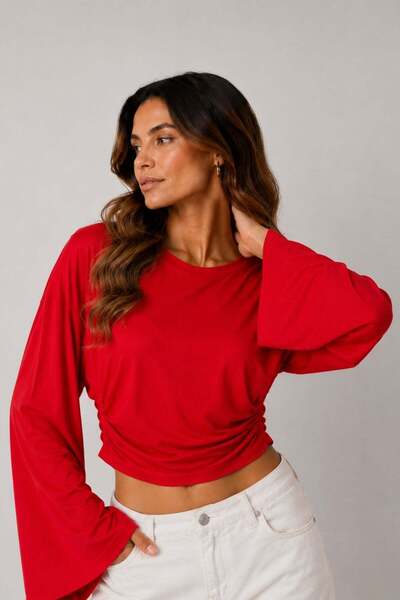 Vadon 1036 women's side smocked spanish sleeve crew neck short blouse red