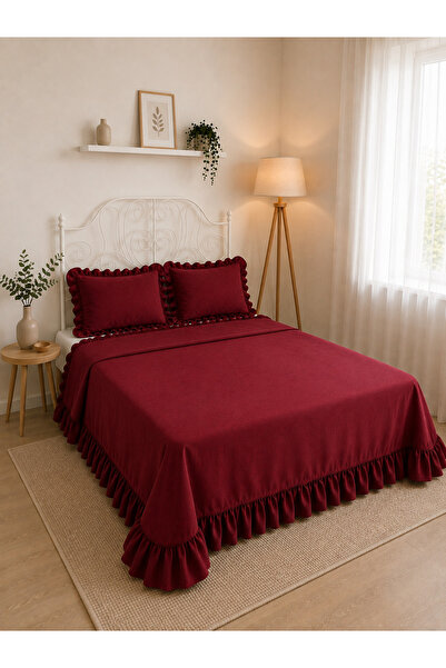 Decamor home İnci Vintage Fırfırlı Bordo Yatak Örtüsü Çift Kişilik