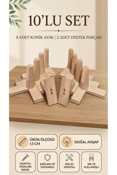 ProAksis 15 cm Ahşap Konik Mobilya Ayağı 10'lu Set Köşe ve Destek Ayağı Gürge...