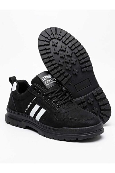 Generic Men's Black Sports Sneakers Lace-Up Casual Walking Shoes with Stripes