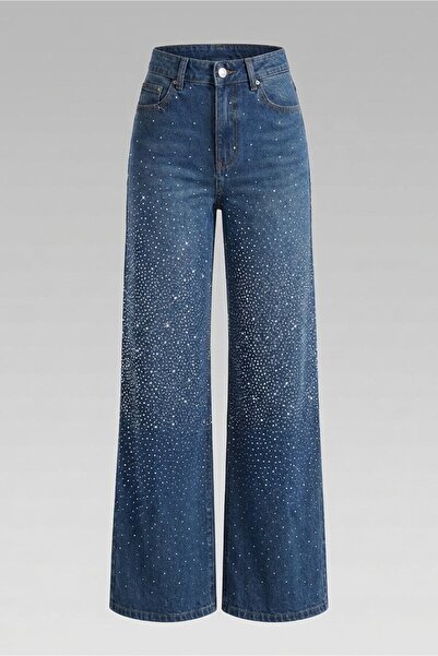 MEECY Pantaloni de damă din denim elastic, tip Palazzo, cu talie înaltă