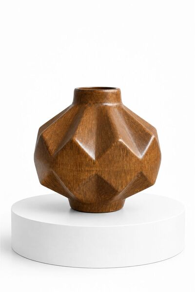Lasviah Vera Geometrik Ahşap Görünümlü Seramik Vazo 16x18 cm