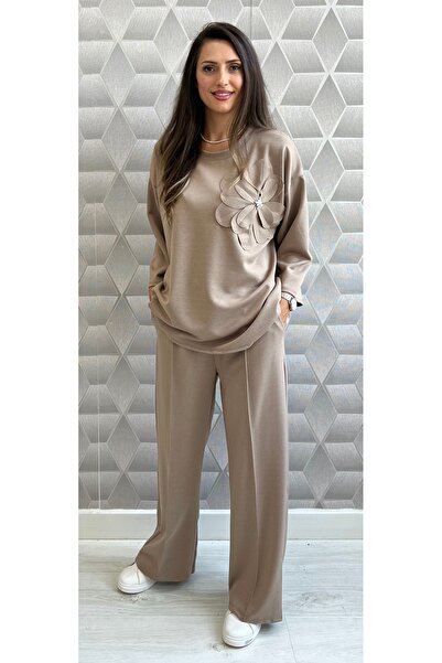 styleFlex Set din vâscoză 50% și elastan cu bluză oversize, floare 3D pe piep...
