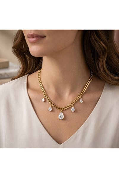 INOTIVE ZİRKON TAŞLI GOLD KADIN ZİNCİRLİ DAMLA FİGÜRLÜ KADIN KOLYE