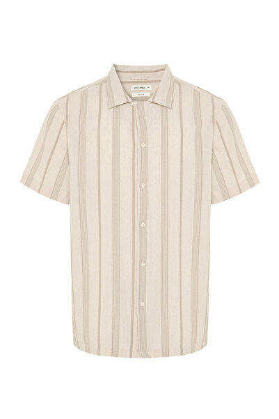 Mudo Men's Ecru Striped Resort Collar Short Sleeve Shirt