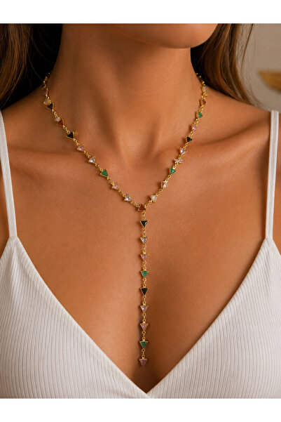 SY AKSESUAR Colorful Triangular Stone Y Model Long Necklace 60 cm