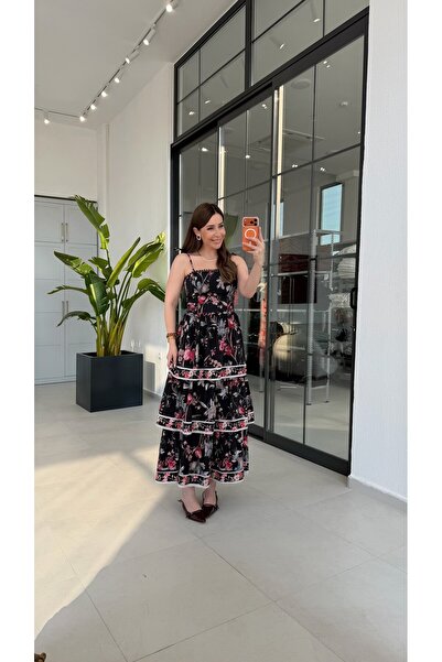 elif teke Lilyumlu Floral Dress Black