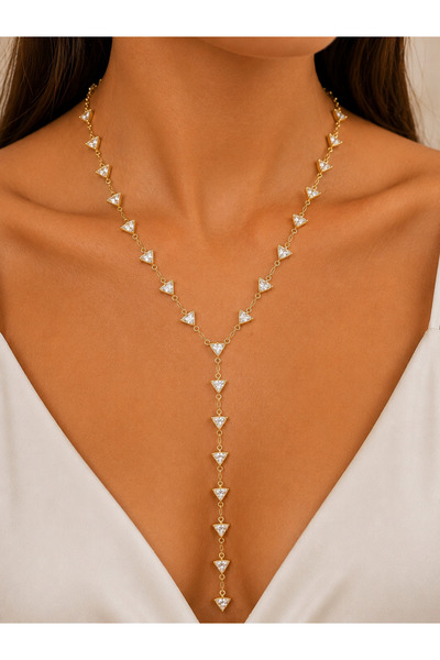 SY AKSESUAR Transparent Triangle Stone Y Model Long Necklace