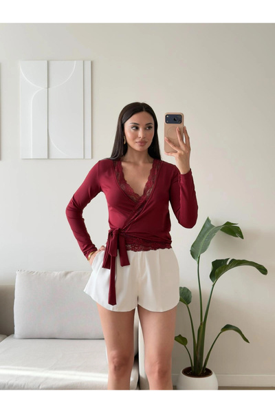 Zoom Butik Dantel Detay Kruvaze Bluz - BORDO