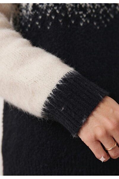ZERELLE COLLECTİON Women's Knitwear Sweater Black Ecru Polo Collar Stylish Winter