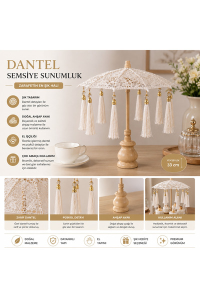 OWLORA Dantel Süslemeli Dekoratif Semsiye Sunumluk