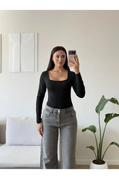 Zoom Butik Kare Yaka Bodysuit - SİYAH