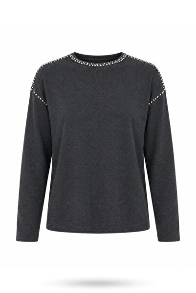 5in1Canpolat Anthracite Blouse with Stones on the Collar and Shoulders 19064