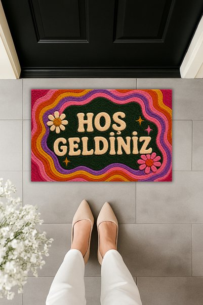 Rugmood Welcome Written Retro Floral Door Mat 70X45 cm – Digital Printed Door Mat