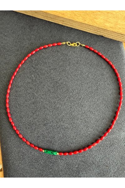 Aida Jewelss 14 Ayar Taşlı Altın Kolye Arpa Kesim Mercan Taşlı Altın Kolye Do...