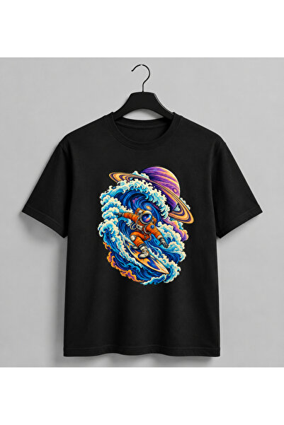 Generic Brand Tricou Alb Unisex cu Astronaut pe Val Cosmic – Imprimeu Space S...