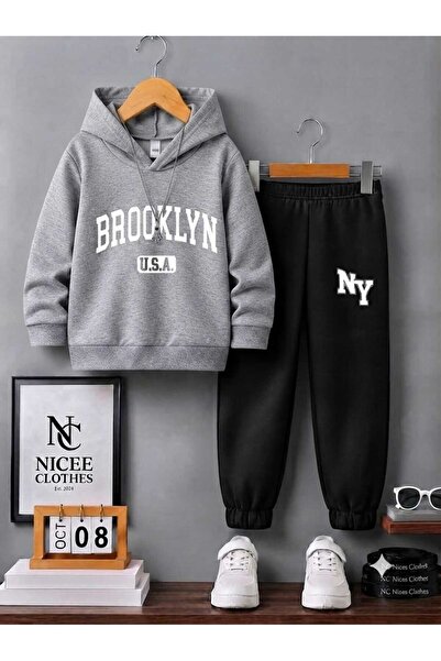 NC Nicee Clothes Children's Tracksuit Unisex (White Broklyn Usa Print Winter)