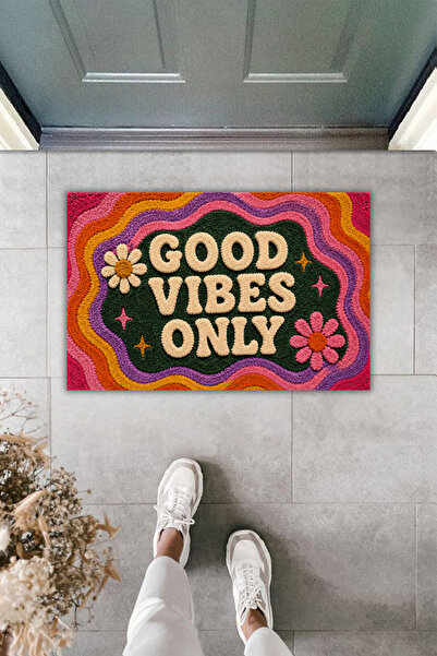 Rugmood Good Vibes Only Γραπτό ρετρό λουλουδάτο χαλάκι πόρτας 70x45 εκ. – Ψηφ...