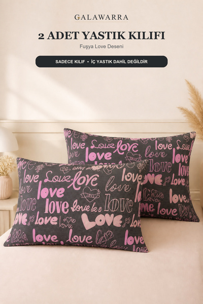 GALAWARRA 2 Adet 50x70 cm Fuşya Love Yazılı Yastık Kılıfı 2'li Set