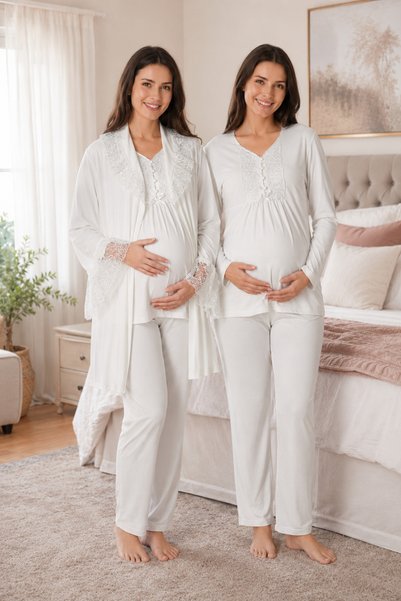 Effortt 8088E Kadife Sabahlıklı Dantelli Lohusa Pijama Takımı