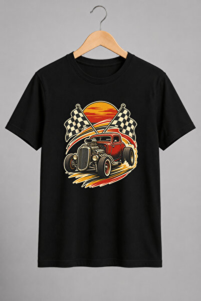 Generic Brand Tricou Hot Rod Vintage cu Steaguri de Curse – Design Retro Auto