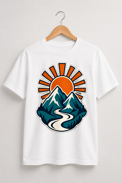 Generic Brand Tricou Alb Unisex Regular Fit cu Munți și Răsărit – Design Outd...