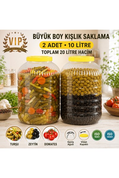 Vip Home Concept Market Ürünleri 10 Liter Large Size Wide Mouth Pet Jar Yellow Screw Lid Pickle Olive Container 2 Pieces