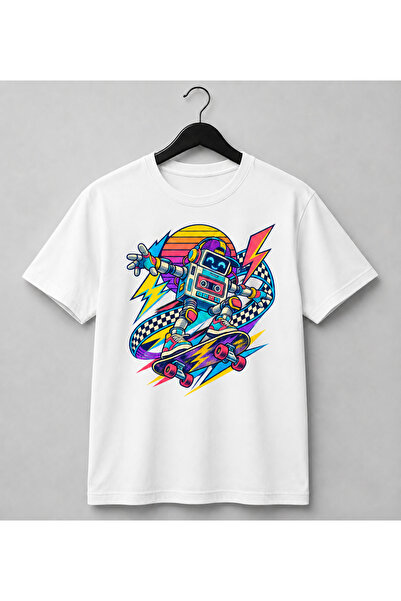 Generic Brand Tricou Alb Unisex cu Robot Casetofon pe Skateboard – Imprimeu R...