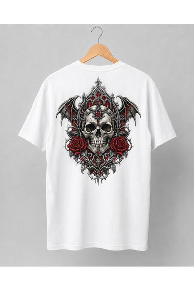 Generic Brand Tricou Gothic Skull cu Trandafiri Roșii, Craniu și Aripi, Stil ...