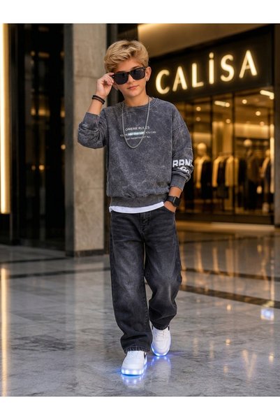 CALİSA Erkek Çocuk Kot Takım 4-12 Yaş | Yıkamalı Jean Pantolon & Sweatshirt | Okul Kombini