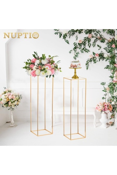 NUPTIO Set de 2 Suporturi Florale Geometrice, pentru Evenimente și Decor, 31 x 31 x 100 cm, Metal, Culoare Auriu