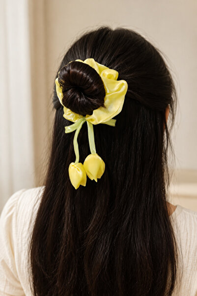 BeyzHal Tulip Figured Satin Fabric 10 cm Bagel Buckle Women's Bun Buckle Hair...