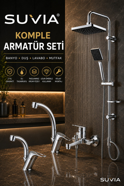 SUVİA Armatür Seti 4'lü Banyo Bataryası Yağmurlama Duş Seti Lavabo ve Mutfak ...