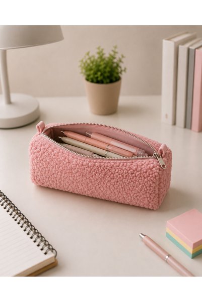 Bersia Pink Plush Pencil Case Large Zippered Bag – Soft Textured Makeup and Organizer Bag Multi-Purpose