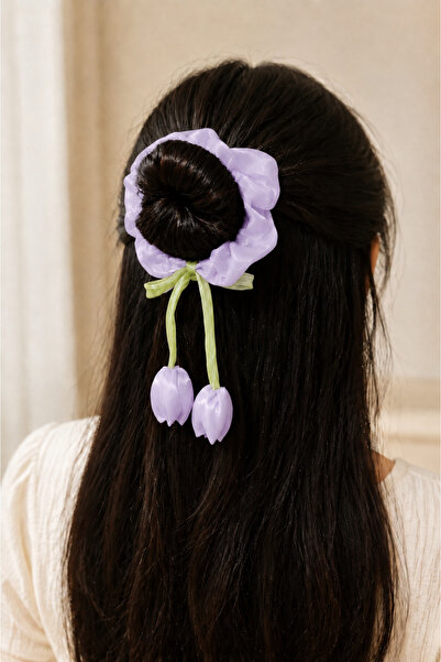 BeyzHal Tulip Figured Satin Fabric 10 cm Bagel Buckle Women's Bun Buckle Hair...