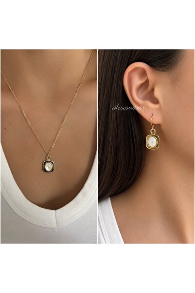 aksesuaris Gold Pearlescent Stone Necklace and Earring Set – Women's Elegant ...