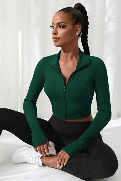 Sofya Passion Kadın Fermuarlı Uzun Kollu Crop Fit Kesim Günlük Spor Sweatshirt