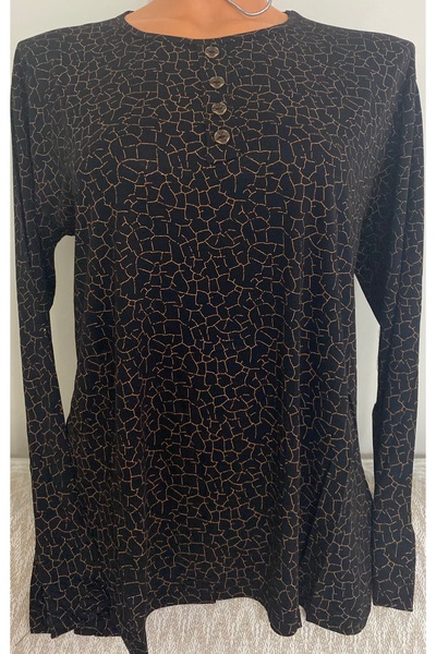 Anne Er Clothing Combed Cotton Blouse Long Sleeve Crew Neck Black Patterned