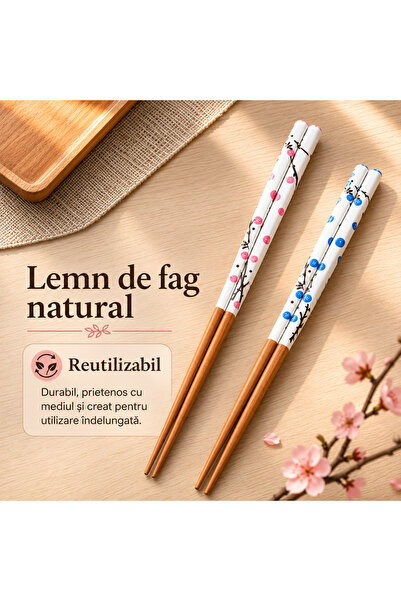 OEM Betisoare traditionale chinezesti, set 2 perechi, lemn de fag, model flori de prun